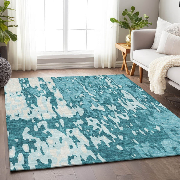 HomeRoots 5' X 8' Teal and Ivory Abstract Area Rug - Stylish, Washable, UV-Protected for Modern Homes & Pets 675878