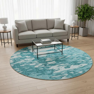 HomeRoots 8' Teal And Ivory Abstract Round Rug - Durable, Stain-Resistant, UV-Protected for Modern Spaces 675879