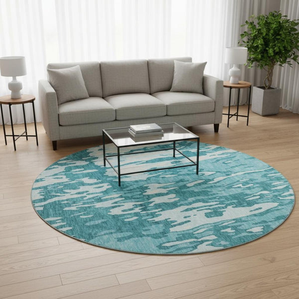 HomeRoots 8' Teal And Ivory Abstract Round Rug - Durable, Stain-Resistant, UV-Protected for Modern Spaces 675879