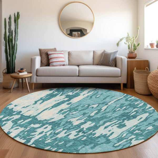 HomeRoots 8' Teal And Ivory Abstract Round Rug - Durable, Stain-Resistant, UV-Protected for Modern Spaces 675879