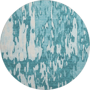 HomeRoots 8' Teal And Ivory Abstract Round Rug - Durable, Stain-Resistant, UV-Protected for Modern Spaces 675879