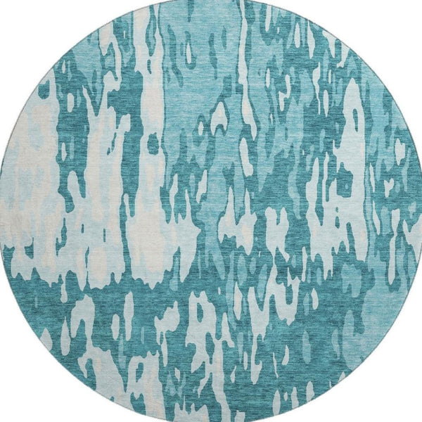 HomeRoots 8' Teal And Ivory Abstract Round Rug - Durable, Stain-Resistant, UV-Protected for Modern Spaces 675879