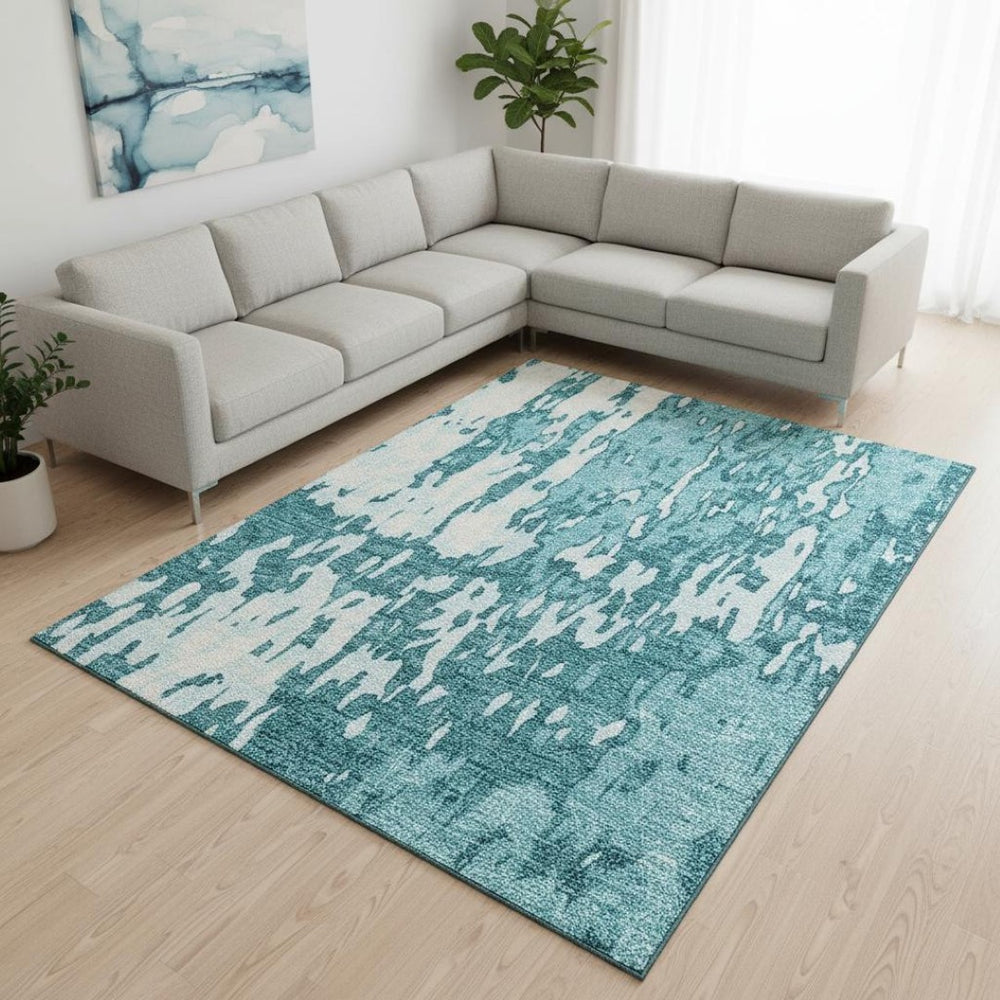 HomeRoots 8' X 10' Teal and Ivory Abstract Area Rug – Washable, UV Protected, Stylish & Durable for Homes 675880