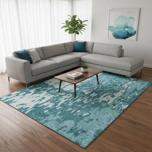 HomeRoots 9' X 12' Teal and Ivory Abstract Area Rug - Washable, Stain Resistant, UV Protected for Busy Homes 675881