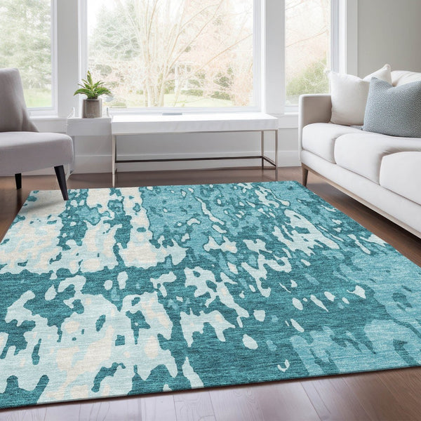 HomeRoots 9' X 12' Teal and Ivory Abstract Area Rug - Washable, Stain Resistant, UV Protected for Busy Homes 675881
