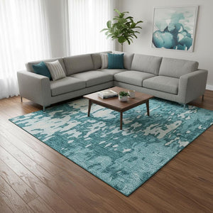 HomeRoots 10' Teal and Ivory Abstract Area Rug - Washable, Stain Resistant, UV Protected for Modern Spaces 675882