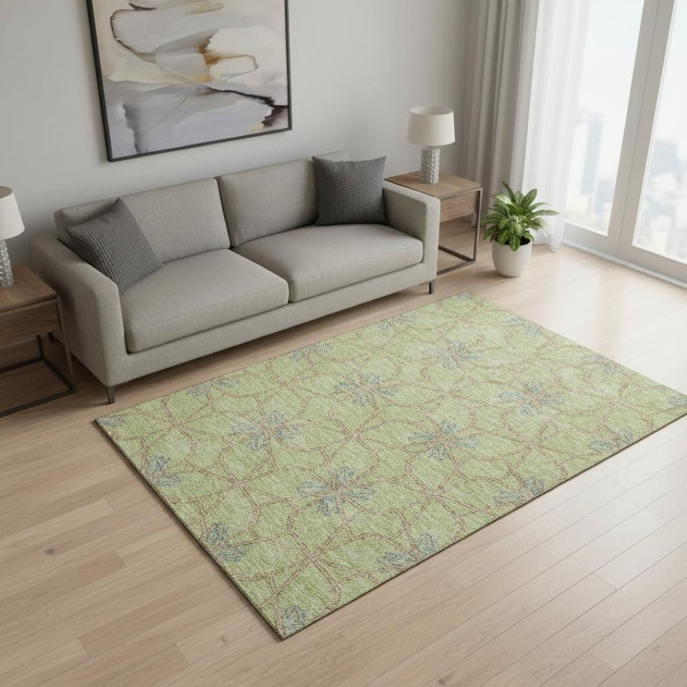 HomeRoots 5' Geometric Area Rug in Artichoke Green, Blue & Beige - Washable, UV-Protected, Durable Design 675884