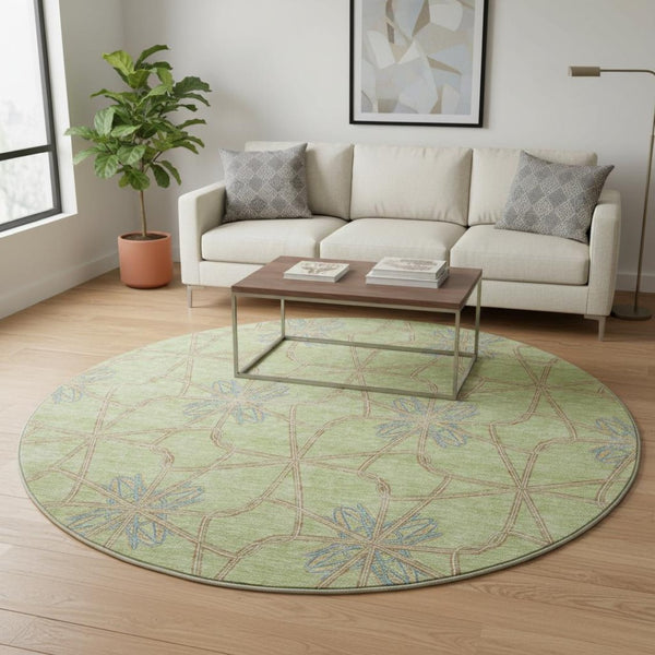 HomeRoots 8' Artichoke Green, Blue & Beige Geometric Washable Round Rug - UV Protected, Durable & Stylish 675885