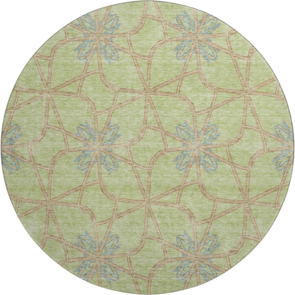 HomeRoots 8' Artichoke Green, Blue & Beige Geometric Washable Round Rug - UV Protected, Durable & Stylish 675885
