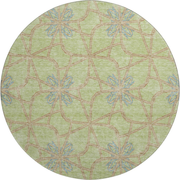 HomeRoots 8' Artichoke Green, Blue & Beige Geometric Washable Round Rug - UV Protected, Durable & Stylish 675885