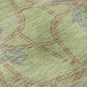 HomeRoots 8' Artichoke Green, Blue & Beige Geometric Washable Round Rug - UV Protected, Durable & Stylish 675885
