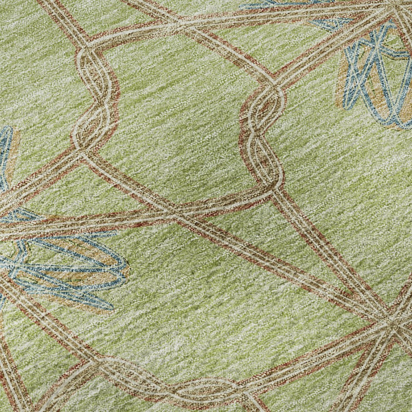 HomeRoots 8' Artichoke Green, Blue & Beige Geometric Washable Round Rug - UV Protected, Durable & Stylish 675885