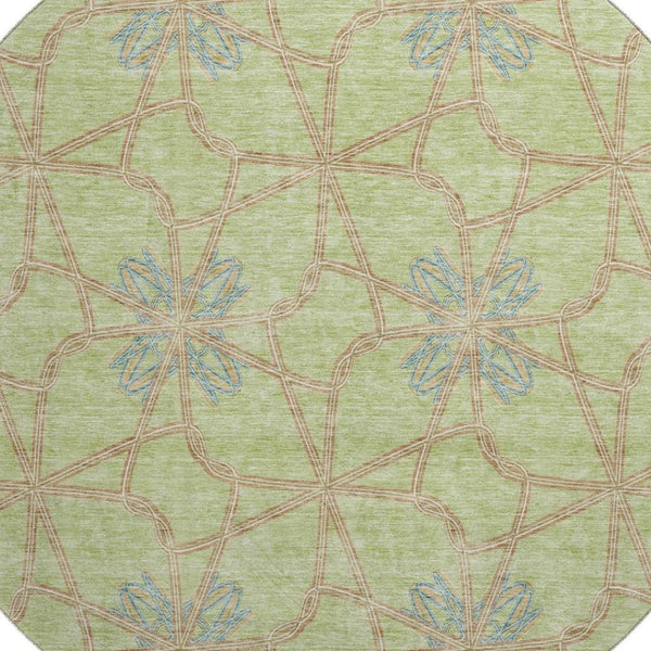 HomeRoots 8' Artichoke Green, Blue & Beige Geometric Washable Round Rug - UV Protected, Durable & Stylish 675885