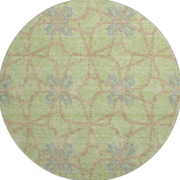 HomeRoots 8' Artichoke Green, Blue & Beige Geometric Washable Round Rug - UV Protected, Durable & Stylish 675885