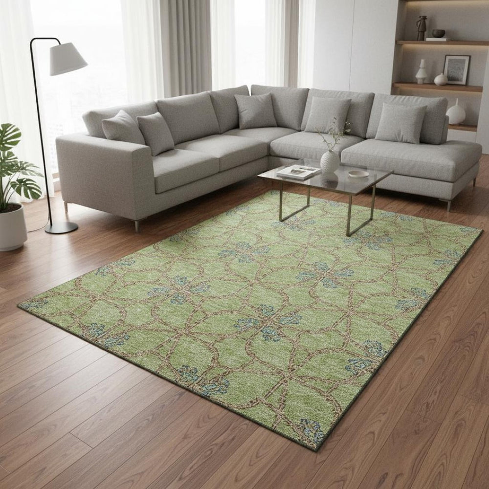 HomeRoots 8' X 10' Artichoke Green, Blue & Beige Geometric Washable Area Rug with Stain Resistance & UV Protection 675886