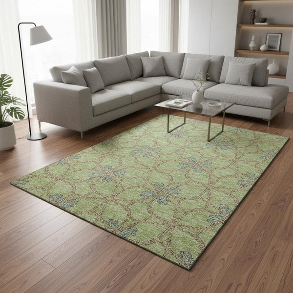 HomeRoots 8' X 10' Artichoke Green, Blue & Beige Geometric Washable Area Rug with Stain Resistance & UV Protection 675886