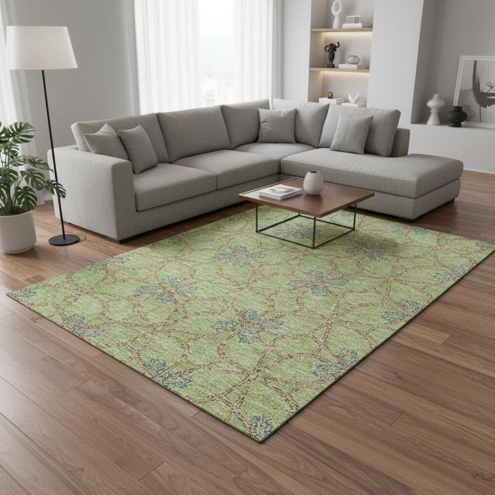 HomeRoots 9' X 12' Geometric Artichoke Green, Blue & Beige Washable Area Rug with UV Protection for Durability 675887