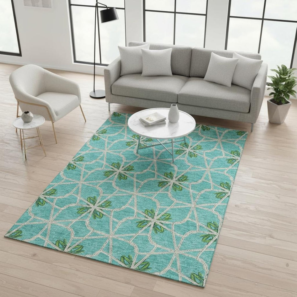 HomeRoots 5' Aqua Green & Beige Geometric Area Rug - Washable, UV Protected, Stain Resistant for Modern Spaces 675890