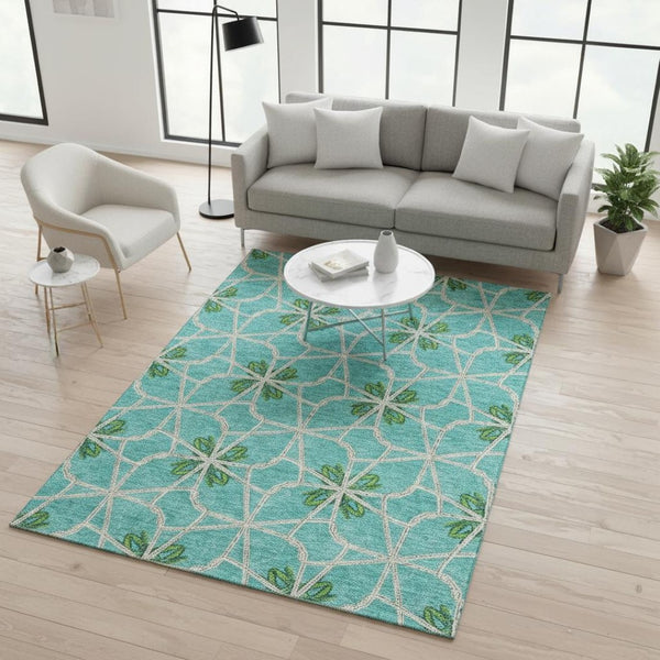 HomeRoots 5' Aqua Green & Beige Geometric Area Rug - Washable, UV Protected, Stain Resistant for Modern Spaces 675890