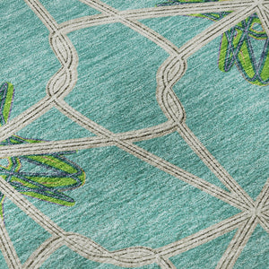 HomeRoots 5' Aqua Green & Beige Geometric Area Rug - Washable, UV Protected, Stain Resistant for Modern Spaces 675890