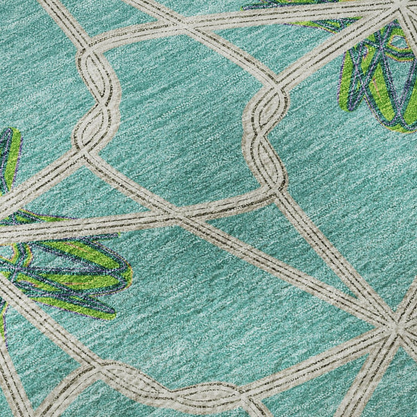 HomeRoots 5' Aqua Green & Beige Geometric Area Rug - Washable, UV Protected, Stain Resistant for Modern Spaces 675890