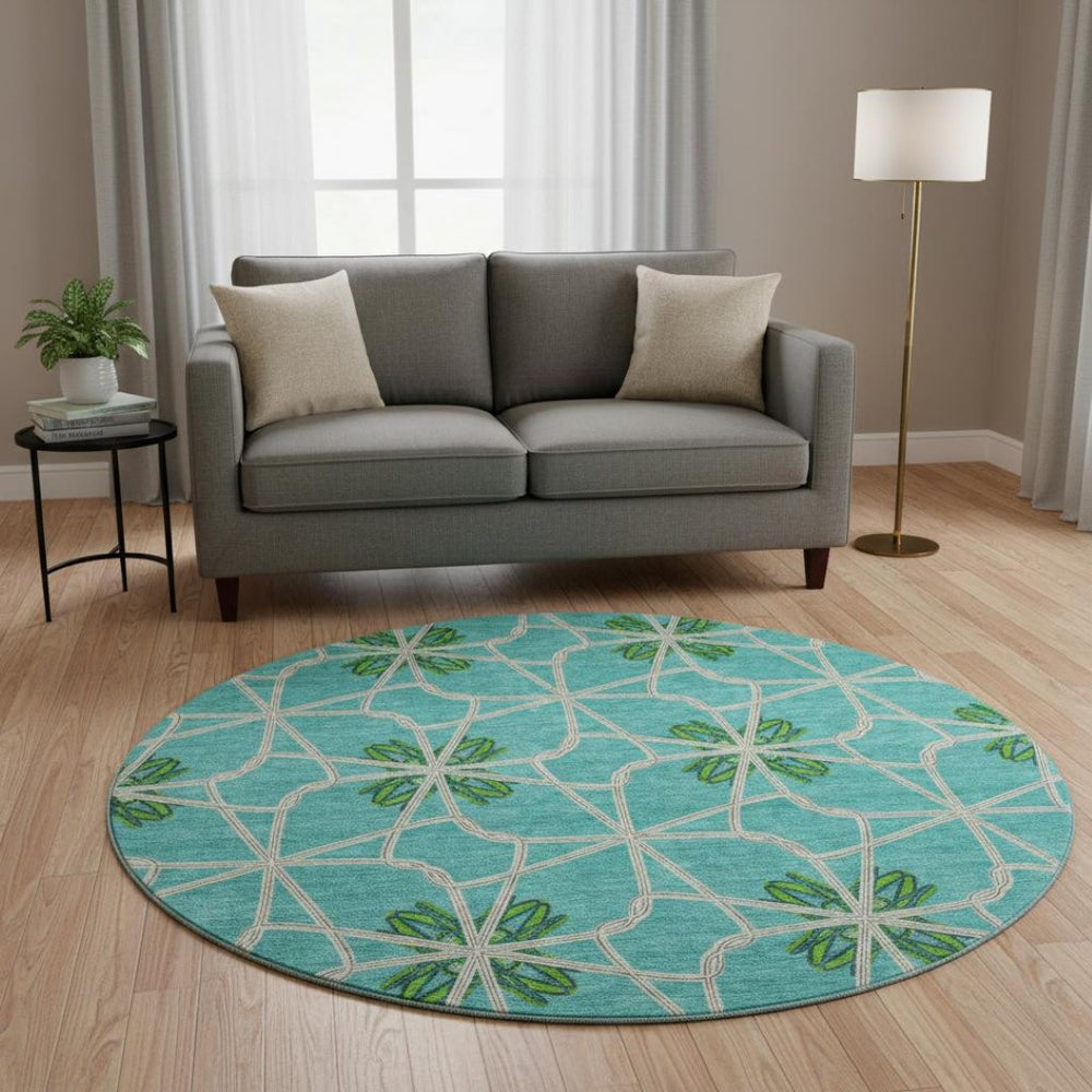HomeRoots 8' Aqua Green & Beige Geometric Washable Round Rug - UV Protected, Durable, Stylish & Easy Care 675891