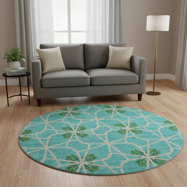 HomeRoots 8' Aqua Green & Beige Geometric Washable Round Rug - UV Protected, Durable, Stylish & Easy Care 675891