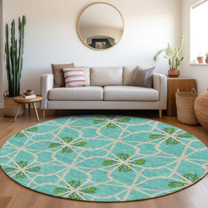 HomeRoots 8' Aqua Green & Beige Geometric Washable Round Rug - UV Protected, Durable, Stylish & Easy Care 675891