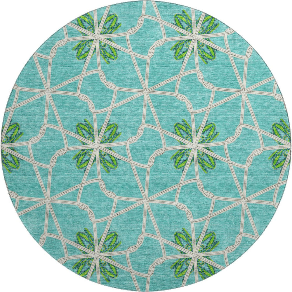 HomeRoots 8' Aqua Green & Beige Geometric Washable Round Rug - UV Protected, Durable, Stylish & Easy Care 675891