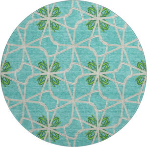 HomeRoots 8' Aqua Green & Beige Geometric Washable Round Rug - UV Protected, Durable, Stylish & Easy Care 675891
