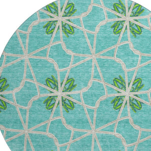 HomeRoots 8' Aqua Green & Beige Geometric Washable Round Rug - UV Protected, Durable, Stylish & Easy Care 675891