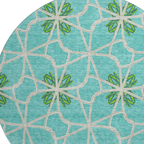 HomeRoots 8' Aqua Green & Beige Geometric Washable Round Rug - UV Protected, Durable, Stylish & Easy Care 675891