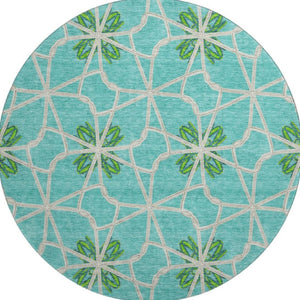 HomeRoots 8' Aqua Green & Beige Geometric Washable Round Rug - UV Protected, Durable, Stylish & Easy Care 675891