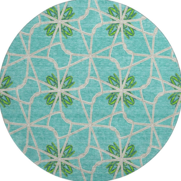 HomeRoots 8' Aqua Green & Beige Geometric Washable Round Rug - UV Protected, Durable, Stylish & Easy Care 675891