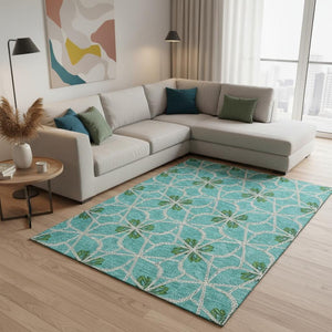 HomeRoots 8' X 10' Aqua Green & Beige Geometric Washable Area Rug with UV Protection for Modern Spaces 675892