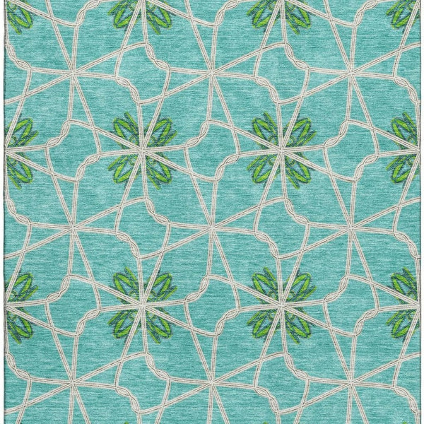 HomeRoots 8' X 10' Aqua Green & Beige Geometric Washable Area Rug with UV Protection for Modern Spaces 675892
