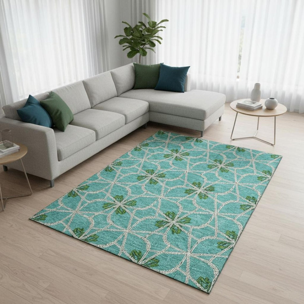 HomeRoots 9' X 12' Aqua Green & Beige Geometric Area Rug - Washable, UV Protected, Stylish & Durable Design 675893