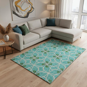 HomeRoots 10' X 14' Aqua Green & Beige Geometric Washable Area Rug with UV Protection for Modern Spaces 675894