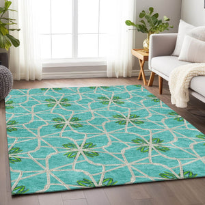 HomeRoots 10' X 14' Aqua Green & Beige Geometric Washable Area Rug with UV Protection for Modern Spaces 675894