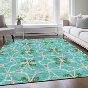 HomeRoots 10' X 14' Aqua Green & Beige Geometric Washable Area Rug with UV Protection for Modern Spaces 675894