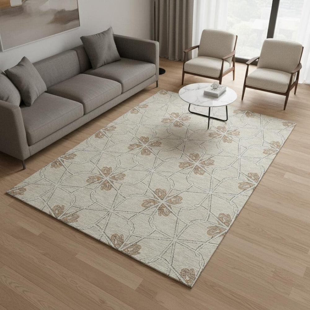 HomeRoots 5' X 8' Washable Beige, Taupe & Gray Geometric Area Rug with UV Protection for Modern Homes 675896