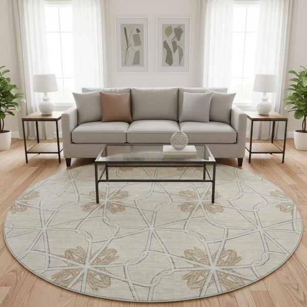 HomeRoots 8' Washable Round Rug with UV Protection - Stylish Beige, Taupe & Gray Geometric Design for Modern Spaces 675897