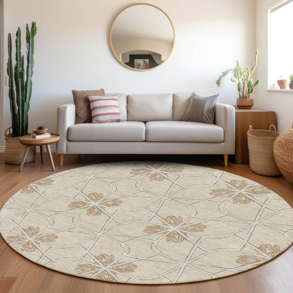 HomeRoots 8' Washable Round Rug with UV Protection - Stylish Beige, Taupe & Gray Geometric Design for Modern Spaces 675897