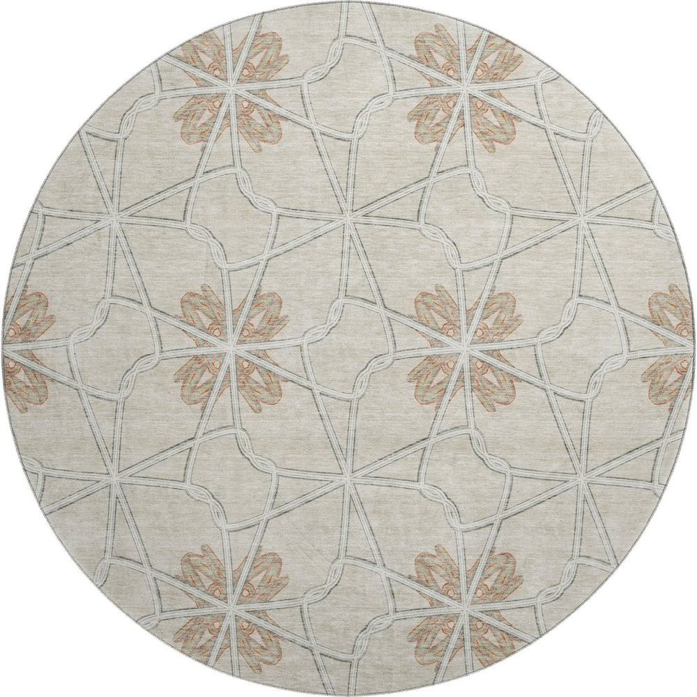 HomeRoots 8' Washable Round Rug with UV Protection - Stylish Beige, Taupe & Gray Geometric Design for Modern Spaces 675897