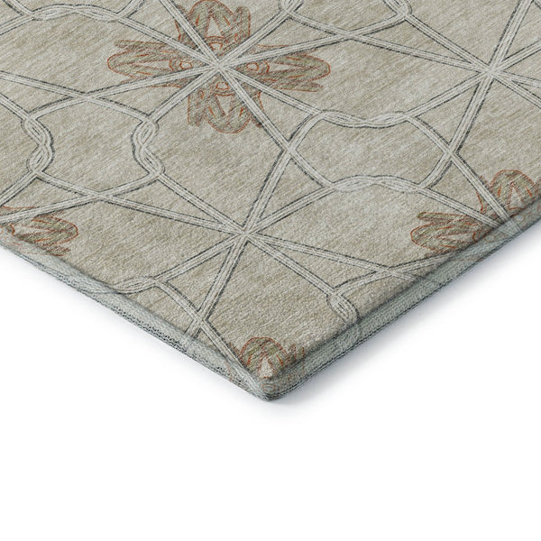 HomeRoots 8' Washable Round Rug with UV Protection - Stylish Beige, Taupe & Gray Geometric Design for Modern Spaces 675897