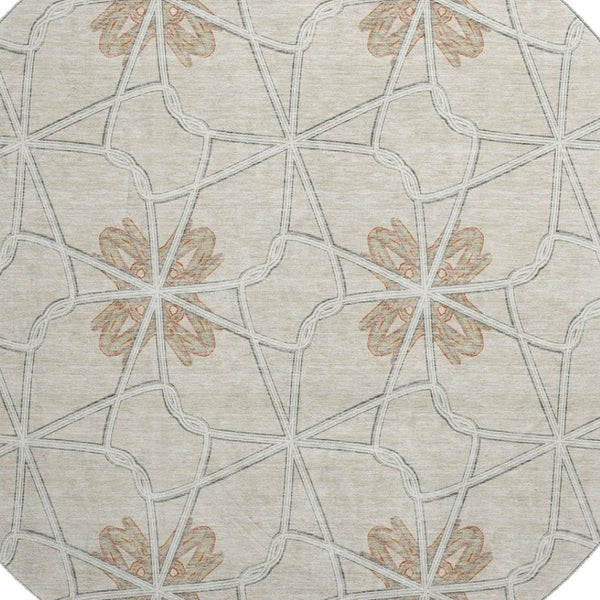 HomeRoots 8' Washable Round Rug with UV Protection - Stylish Beige, Taupe & Gray Geometric Design for Modern Spaces 675897