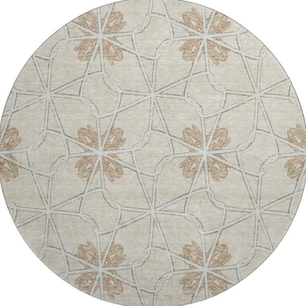 HomeRoots 8' Washable Round Rug with UV Protection - Stylish Beige, Taupe & Gray Geometric Design for Modern Spaces 675897