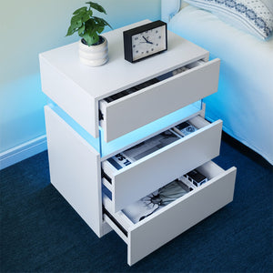 English Elm Led Nightstand with Rgb Acrylic Glow Panel Three Drawers Walnut Bedroom Table White W2178P412300