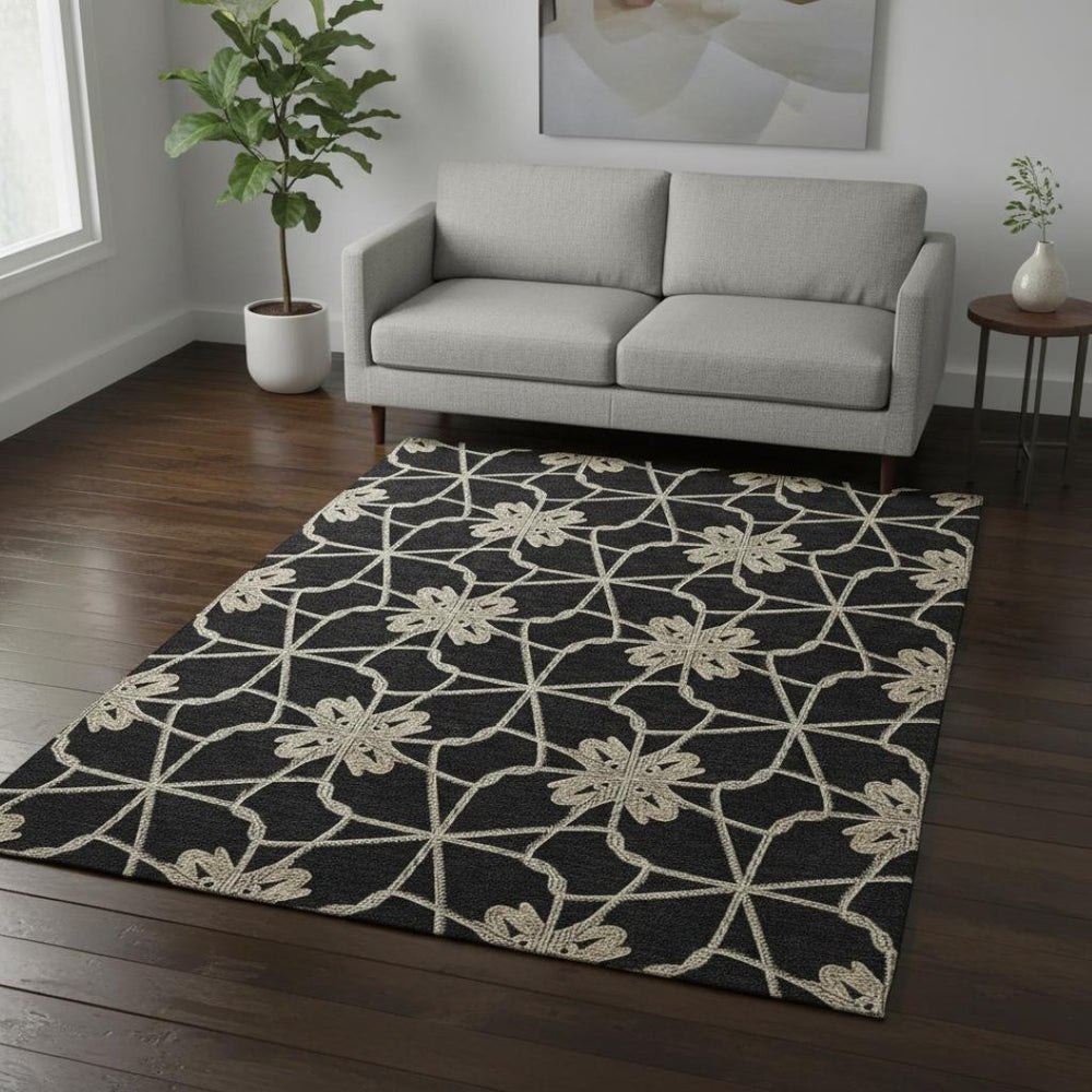 HomeRoots 5' X 8' Stylish Black Khaki Beige Geometric Washable Area Rug with UV Protection for Busy Homes 675902