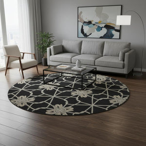 HomeRoots 8' Stylish Black Khaki Beige Geometric Washable Round Rug with UV Protection for High-Traffic Areas 675903